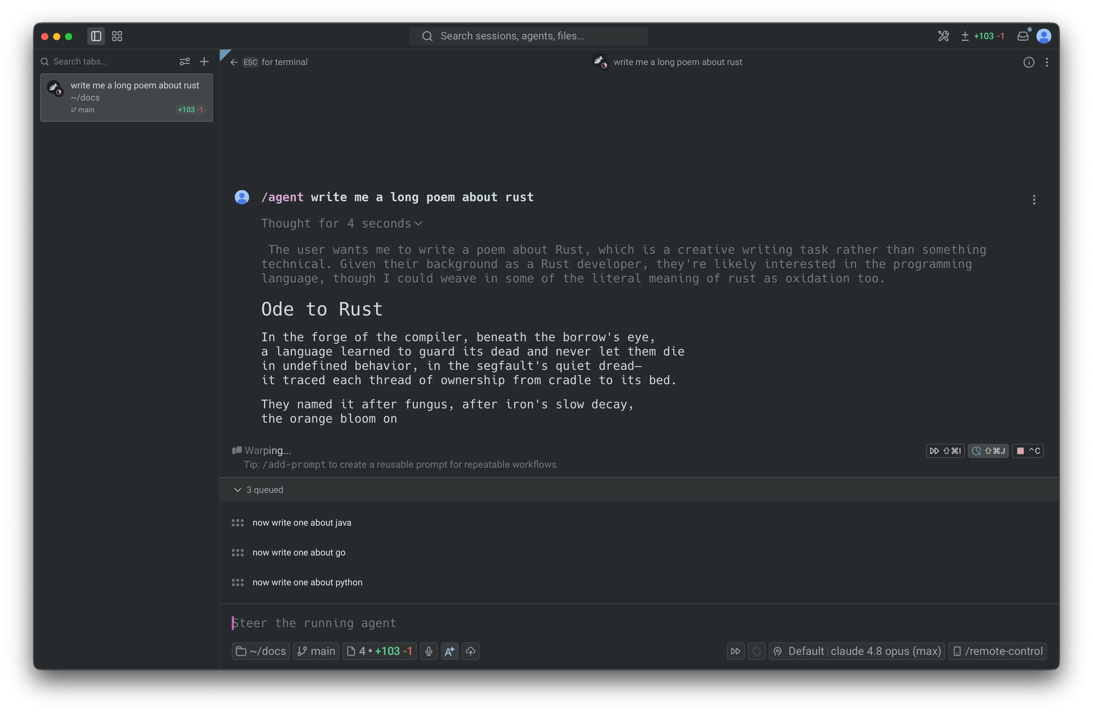 An agent conversation with the queued prompts panel showing three queued prompts above the input.